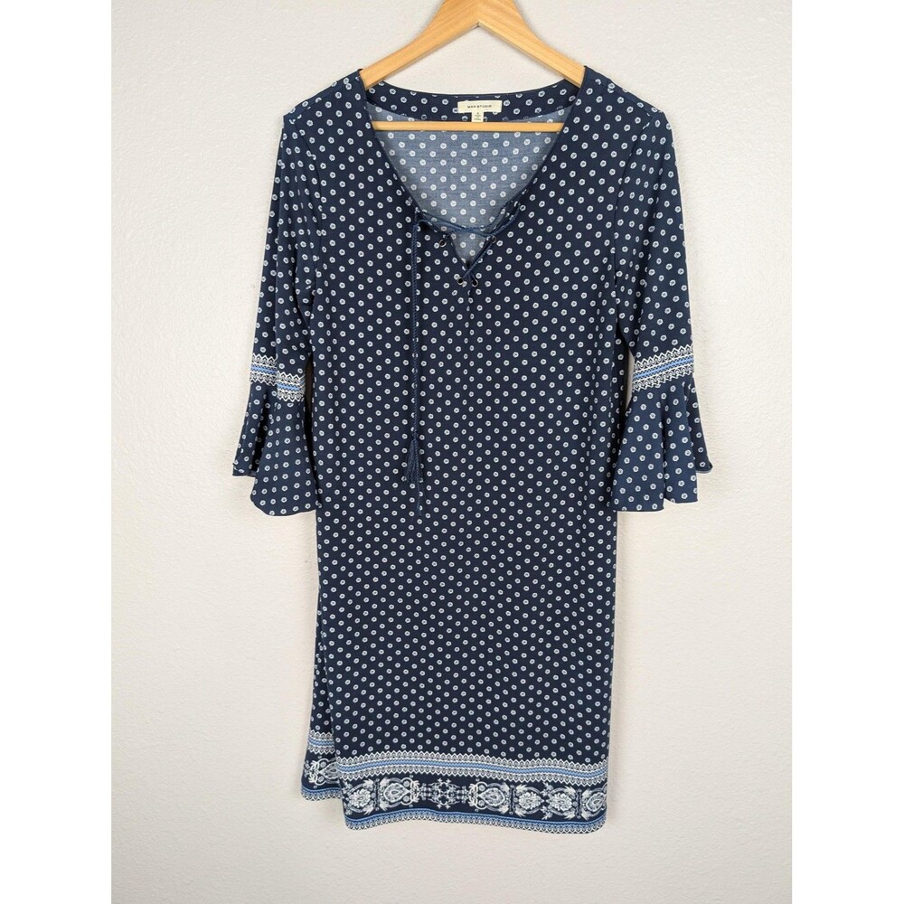 Max Studio Dress Womens Small Navy Blue Boho Bell Sleeve Tassel‎ V-Neck 6912W66